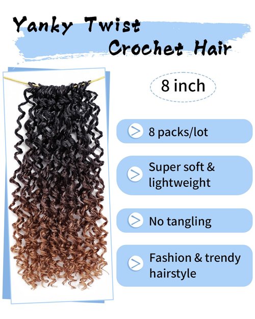 Eerya 8 Inch Yanky Twist Crochet Hair for Women 8 Packs Fluffy Prelooped Senegalese Spring Mini Yankee Yaki Twists Crochet Braids Synthetic Braiding Hair Extensions (8 inch, T1B/4/30)