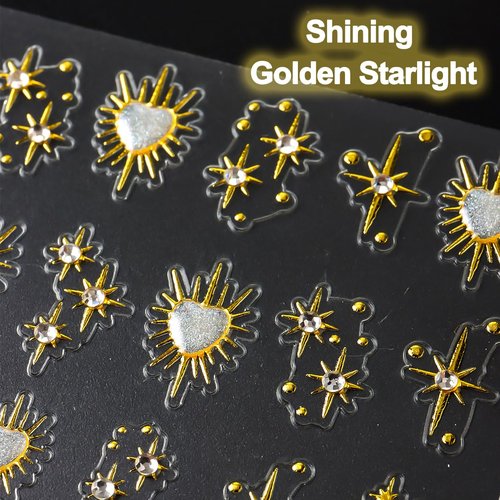 4Pcs Star Nail Decals Embossed Star Nail Art Stickers 5D Self-Adhesive Gold Bronzing Cross Starlight with Heart Rhinestones Nail Design Stickers Luxury Decals for Women Girls Manicure Decoration