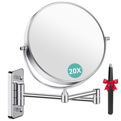Auxmir 1X/20X Wall Mounted Makeup Mirror, 8'' 20X Magnifying Double-Sided Mirror with Tweezers, Bathroom Vanity Makeup Mirror, Cosmetic Mirror with 360 Rotation Extendable Swivel Arm, Chrome