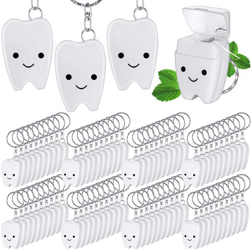 Landical 96 Pcs Mini Dental Floss Keychain Bulk Tooth Shaped Portable Teeth Floss Cleaning for Homeless Party Favors Travel Donated Gifts Teeth Cleaning Oral Care Mint Flavor 15 M /16. 4 Yard