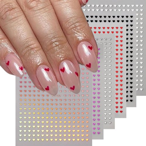 6PCS Mini Heart Nail Art Stickers 3D Self-Adhesive Sparkling Love Nail Art Decals Shinny Red Hearts Designs Nail Sticker for Valentine's Lovers Romantic Stickers DIY Manicure Decoration Accessories