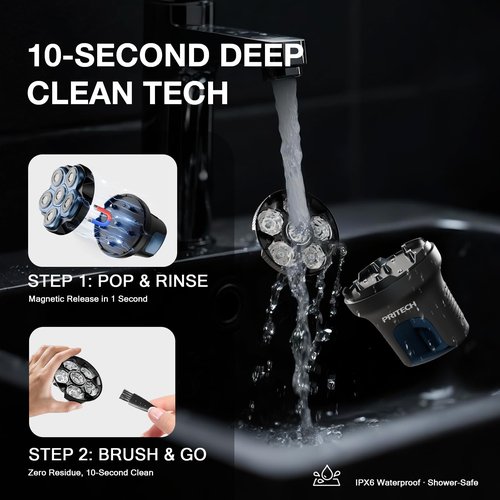 PRITECH Head Shaver for Bald Men - Effortless 6D Floating Shave,Electric Head Shavers for Men & Bald Head Shavers,Waterproof Cordless Razor for Smooth Scalp,Face & Perfect Beard,2-Speed,80Min Runtime