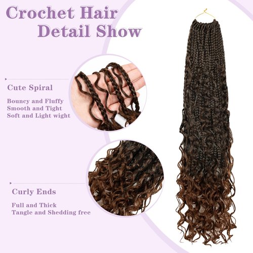 Boho Box Braids Crochet Hair-24 Inch Boho Braids Crochet Hair Pre Looped, 8PK Boho Crochet Braids with Curly Ends Bohemian Crochet Braids for Black Women