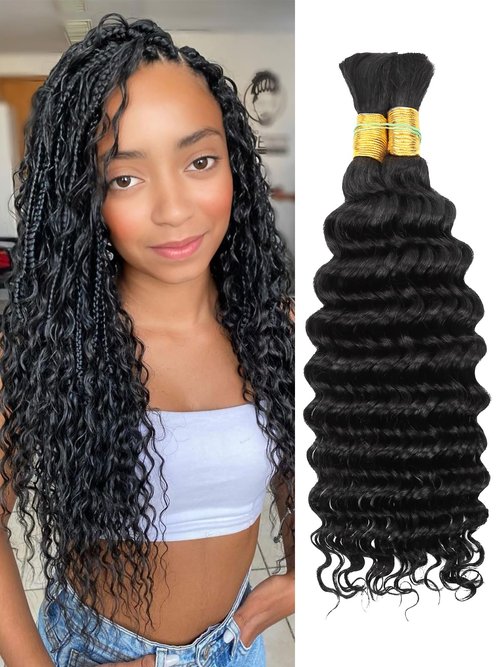 Human Braiding Hair Deep Wave Bulk Human Hair,1B Black No Weft Curly Braiding Hair Extensions for Boho Braids Wet and Wavy Braiding Human Hair Bundles(18inch,1B,100g)
