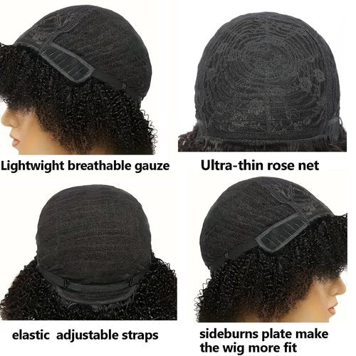 PECWU Afro Kinky Curly Wig Human Hair with Bangs Jerry Curly Human Hair Wig Burmese Curly Afro Kinky-Curly Human Hair Glueless Wear and Go for Black Women 12“