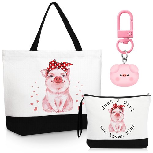 Dansydaisy 3 Pcs Pigs Lover Gift for Women Pink Pig Canvas Tote Bag Travel Cosmetic Bags Keychain Portable Makeup Zipper Pouch with Handle Funny Piggy Shopping Birthday Vbs Housekeepers Week Gift
