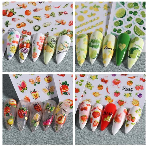 Fruits Nail Stickers Decals Kit - 14 pcs Summer Nail Art with Tweezers Decals Strawberry Lemon Designs Nail Supplies Cute Fun Self-Adhesive Sliders for Women Girls 3D Manicure Decoration