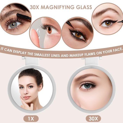 LSCSJUNS 30X Magnifying Mirror with Light 360° Rotating Lighted Makeup 3 Lighting Modes Lighted Magnified Mirror 1000mAh Rechargeable Magnified Makeup for Women Girls