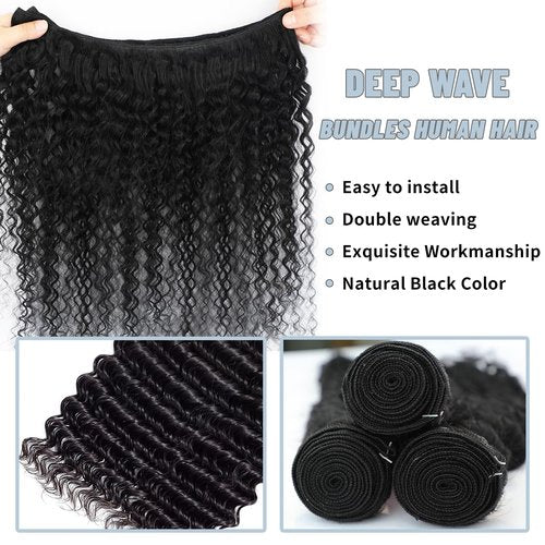 1 Bundle Human Hair 12A Deep Wave Bundles Human Hair 22 Inch 100% Unprocessed Brazilian Virgin Hair Quick Weave Bundles Real Human Hair Extensions Natural Black