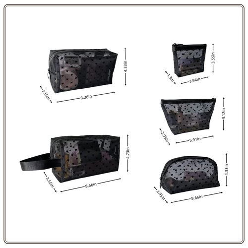 5 Pieces Zipper Mesh Cosmetic Bags Set, Mesh Heart Makeup Bags Toiletry Bags, Portable Travel Makeup Bags for Women, Small Items Storage Organizer Bags for Travelling (Black)