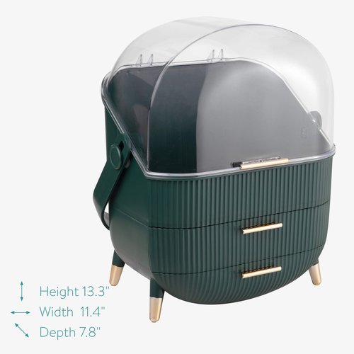 Navaris Makeup Organizer Storage Box - Cosmetics, Skincare and Beauty Case with Clear Lid Display and 2 Drawers - Bathroom Counter or Vanity - Green