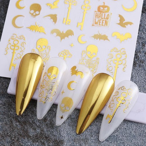 POWPOP Halloween Nail Art Stickers Decals 3D Halloween Nail Decals 6PCS Gold Skeleton Bat Key French Fire Blood Crown Nails Design Adhesive Stickers Manicure Supply for Women Nail Art Decorations