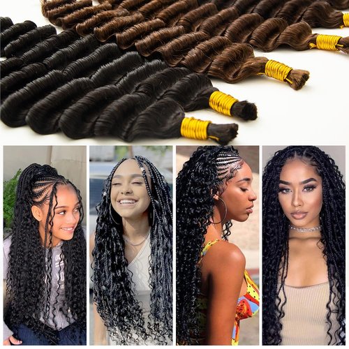 KRN Human Braiding Hair for Boho Braids, 100g/Pack (2 Bundles) Deep Curly Human Hair for Braiding No Weft 12A Grade Brazilian Virgin Hair Boho Braids Color 4# 16Inch