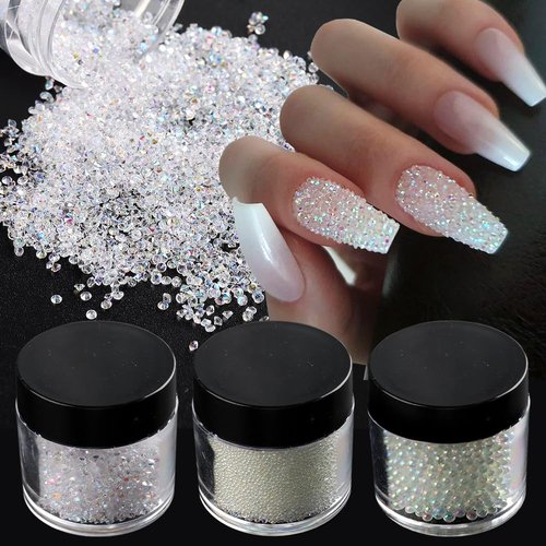 Tiny Nail Rhinestones 1.5mm Clear AB Mini Pixie Crystals Gems, 0.6-0.8mm Iridescent Micro Caviar Beads Sugar Glitter Beads Dust Charms for Nail Art Design DIY Crafts Accessories