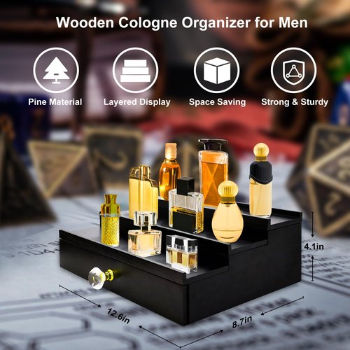 KALLODEAR Cologne Organizer for Men, 3 Tier Cologne Stand Organizer for Men, Wood Perfume Organizer with Felt Lining Drawer and Hidden Compartment, Great Gift for Men(Black)