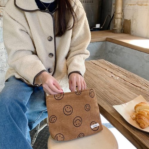 BIVIZKU Travel Checkered Makeup Bag, Corduroy Cosmetic Bag for Purse, Small Cosmetic Zipper Pouch Cute Travel Checkered Makeup Bag Gift for Women,Girls (brown smile)