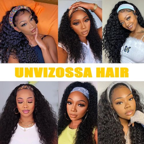 Unvizossa Headband Wig Human Hair Deep Wave None Lace Front Wigs Human Hair Curly Headband Wigs for Black Women 150% Density Natural Color 14 Inch