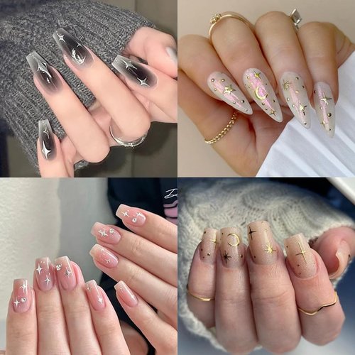 12 Sheets Metallic Sun Star Nail Art Stickers Silver Aurora Gold Moon Nail Stickers 3D Self-AdhesiveGlitter Rose Gold Silver Star Moon Nail Art Design for Women DIY Nail Decorations
