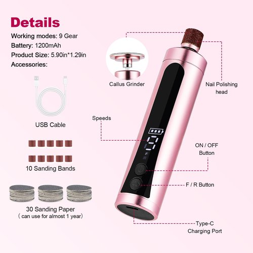 Rechargeable Callus Remover for Feet: Electric 2-in-1 Pedicure Tools - Foot File Grinder LCD Display 9 Adjustable Speeds 2 Sanding Heads 30 Sanding Paper