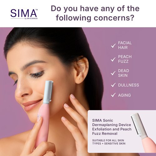 SPA SCIENCES - SIMA Patented Dermaplane Razor for Women Face – Painless 2-in-1 Facial Exfoliation & Peach Fuzz Hair Removal – Anti-Aging – 3 Speeds – Rechargeable – 7 Weeks Treatment