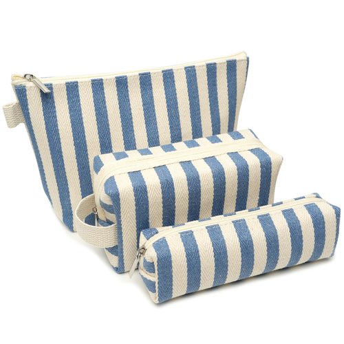 Beayuva 3 Pcs Makeup Bag Set Striped Canvas Purse Cosmetic Bag For Women Travel Toiletry Pouch Organizer pencil case (Blue-White)