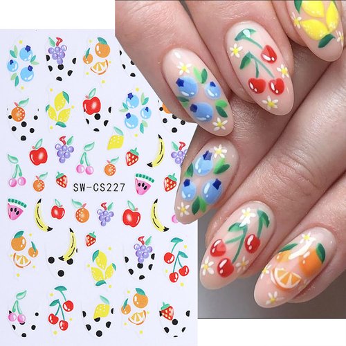 6 Sheets Fruit Nail Art Stickers Decals 3D Self-Adhesive Embossed Nail Stickers Lemon Strawberry Blueberry Banana Grape Orange Nail Decals Supplies for Women DIY Summer Manicure Decorations