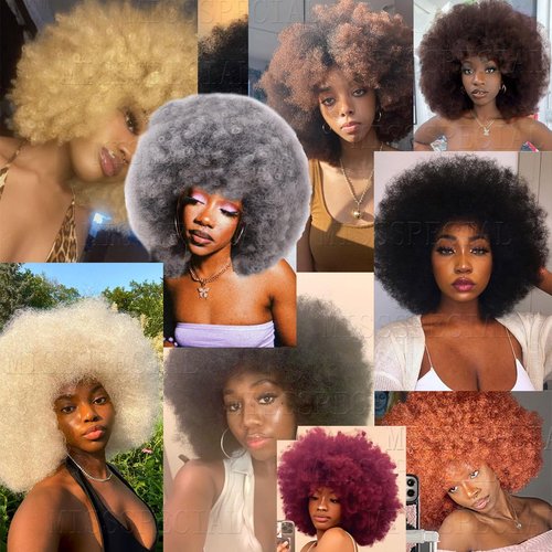 MISSSPECIAL Afro Wig 70s Curly Wigs for Black Women Glueless Afro Wigs Large Bouncy and Soft Natural Looking Full Wigs Big Afro Puff Wig With Bangs Synthetic Hair Wig for Daily (Platinum, Afro Wig)