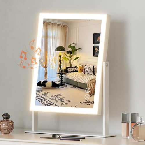 Hansong Vanity Mirror with Lights 11.8"x9.8" Lighted Makeup Mirror with Bluetooth Speaker Smart Touch Control LED Mirror with 3 Color Light Modes Detachable 10X Magnification and 360°Rotation