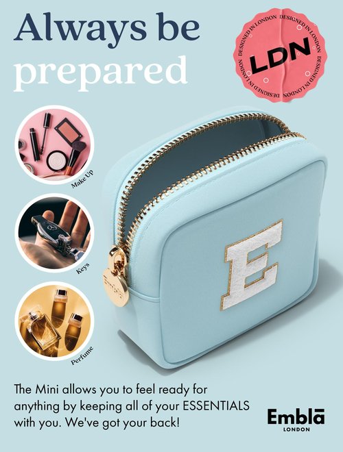 Embla Preppy Makeup Bag Travel Cosmetic Pouch, Cute Make up Case with Personalized Initial, Girls Zipper Pouch Purse Cosmetics Organizer Tote, Waterproof Travel Skincare Makeup Bag, Sky (Letter M)