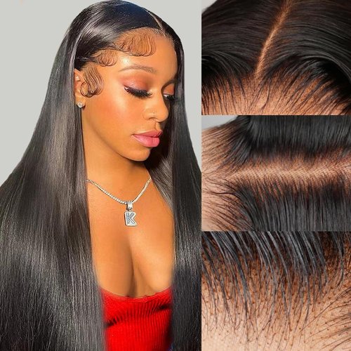 Luxvogue Straight Wave Human Hair Wig 4x4 Closure Glueless Wigs Human Hair Pre Plucked Pre Cut Lace Closure Glueless Wigs Elastic Band 200% Density Natural Color, 16 Inch