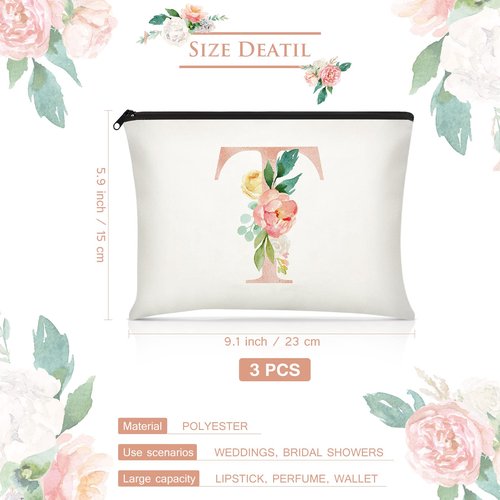 3 Pieces Floral Initial Makeup Bag Wedding Bridal Makeup Bag Cosmetic Canvas Bag Monogrammed Gifts for Women Teacher Birthday Mother's Day Wedding Bridal Shower, 9 x 6 Inches (T Style)