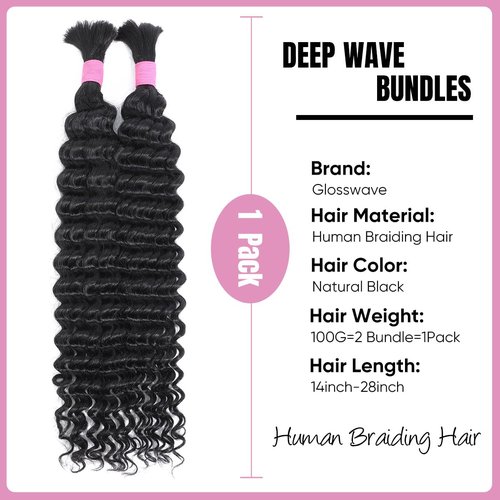 Human Hair Bundles - 16 Inch Deep Wave, Virgin Curly, Knotless Boho Braids (Natural Color)