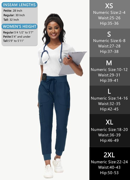 MIVEI High Waisted Jogger Style Scrub Pants for Women - 8 Pockets Medical Bottoms Tapered Yoga Waistband Ribbed Ankle Petite Navy