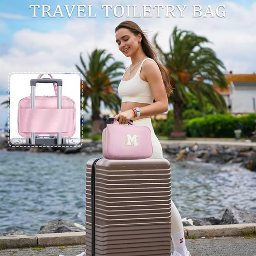 YOOLIFE Hanging Toiletry Bag for Women - Travel Toiletry Bag Makeup Bag, Portable Toiletries Cosmetic Bag, Airplane Travel Essentials - Letter T, Pink
