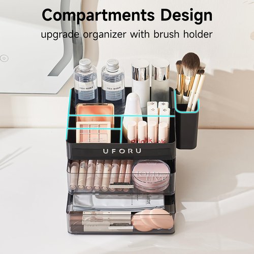 UFORU Makeup Organizer for Vanity with Brush Holder, Countertop Skincare Organizer with 2 Drawers, Spacious Cosmetic Display Case for Perfumes, Cologne, Shaving Lotion