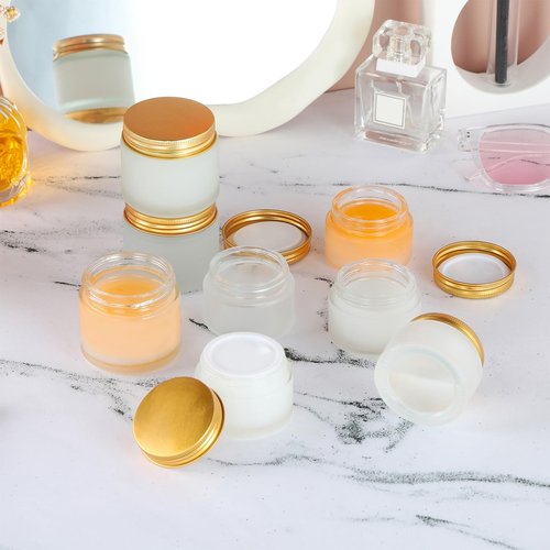 RAMFIYN 12 pack Small Clear Frosted Glass Cosmetic jars with Golden Metal Lids 2oz Bulk for Sample Lotion Cream Travel Jar Cosmetic Container