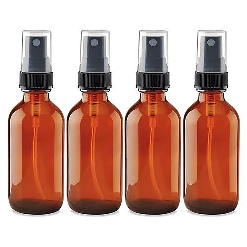 4 Pack Amber Glass Spray Bottles – 2oz Refillable Mini Bottles for Essential Oils, Perfumes, Serums, and DIY Skincare – Durable Small Amber Containers with Spray