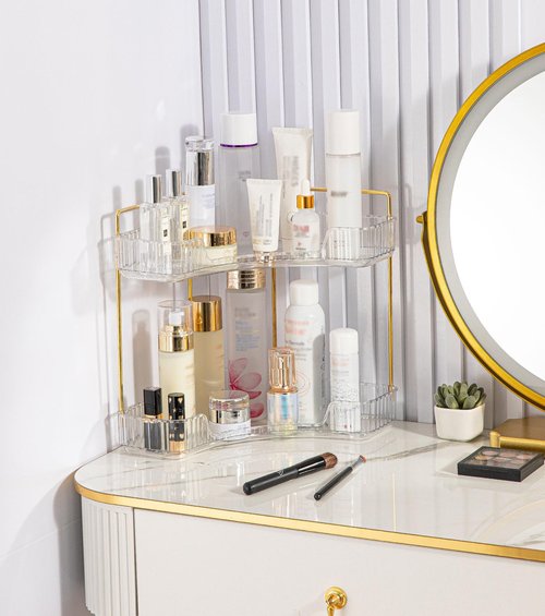 COMODID 2-Tier Clear Corner Bathroom Countertop Makeup & Perfume Organizer Shelf