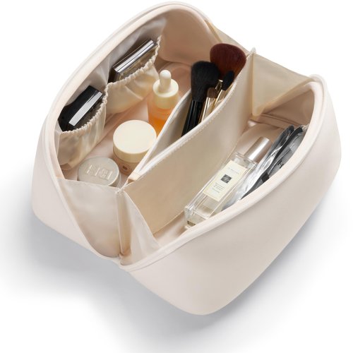 Yarnic White Neoprene Travel Makeup Bag Cosmetic Bag, Large Capacity Toiletry Bag for Women, Portable Pouch Cute Make Up Organizer with Divider and Handle