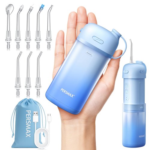 PERSMAX Water Flosser for Orthodontics Teeth Cleaning - Portable Electric Oral Irrigator Pick for Braces, Travel, Kids, with 3 Modes 8 Pressure Settings, 8 Tips, 150ML, IPX7, Gradient Blue