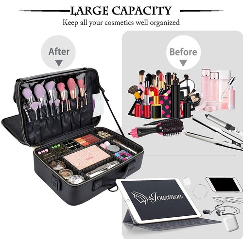 JOURMON Travel Makeup Train Case,Large Capacity Cosmetic Bags for Women,Portable Makeup Bag Organizer with Adjustable Dividers & Shoulder Strap(Black, L)