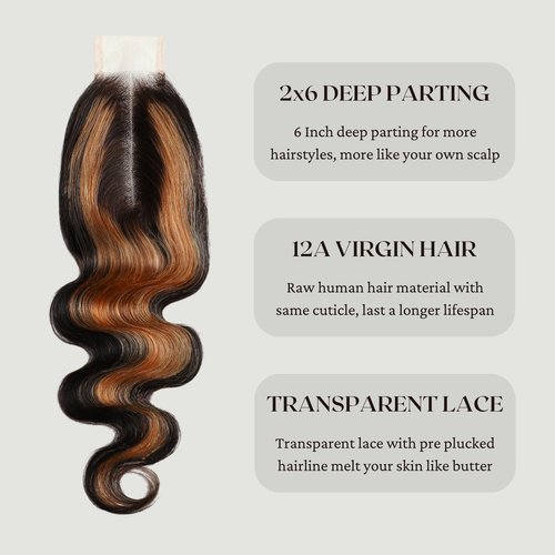 BQRIH F1B/30 Brown Highlighted 2x6 HD Closure Only Body Wave Human Hair 12 Inch, 12A 100% Virgin Remy Deep Middle Part Ombre Honey Blonde Highlight 2by6 Kim K Lace Closure Pre Plucked For Women Sew In
