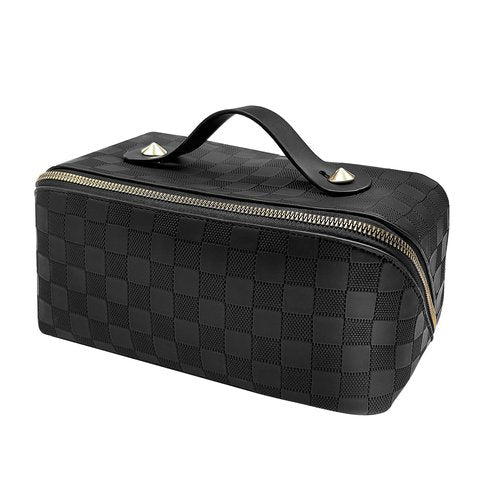 BOAWHNTR Travel Makeup Bag, Large Capacity Cosmetic Bags for Women, Waterproof Portable Pouch Open Flat Toiletry Bag Make up Organizer with Divider and Handle, Black