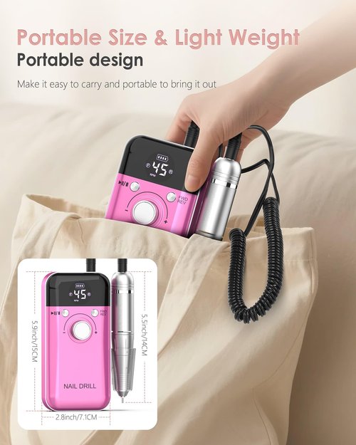 Portable Nail Drill Professional: 45000 RPM Rechargeable Electric Nail Drills Machine with 6 Bits, Drill para Uñas Profesional E File for Acrylic, Gel Nails, Manicure & Pedicure - Salon & Home Use