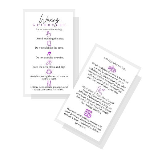 Boutique Marketing LLC Waxing Aftercare Cards | 50 Pack | Size 2 x 3.5” inches Business Card Size | Hair Removal Aftercare Kit | White with Purple Design
