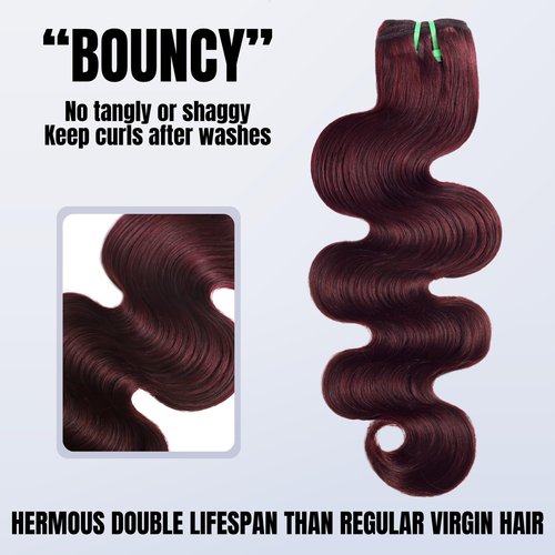 HERMOUS 13A Double Drawn 99J Dark Burgundy Human Hair Bundles Body Wave, Double Lifespan Than Regular Bundle Keep Silky & Soft After Washes Colored #99J Wine Single Bundles Raw Hair Quick Weave 12 IN