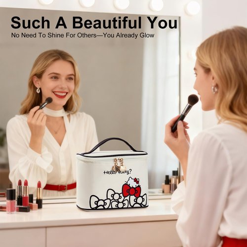 AmBealla Makeup Bag Large Waterproof Cosmetic Bags with Divider and Brush Holder,Cute Printed Makeup Organizer for Women Traveling,Portable Toiletry Bag for Girls