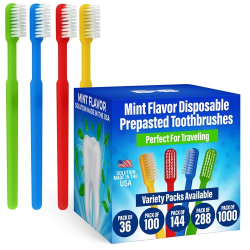Bottles N Bags 100 Pack Prepasted Disposable Toothbrushes | Pre-Pasted Soft Bristle Tooth Brush Set for Dental Care & Oral Hygiene | Individually Wrapped Pasteb Made in USA (100 Pack)