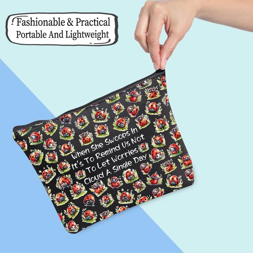 JXGZSO Good Luck Ladybug Makeup Bag With Zipper Gifts For Women When She Swoops In It's To Remind Us Not To Let Worries Cloud A Single Day Cosmetic Bag (Ladybug Bag Black)