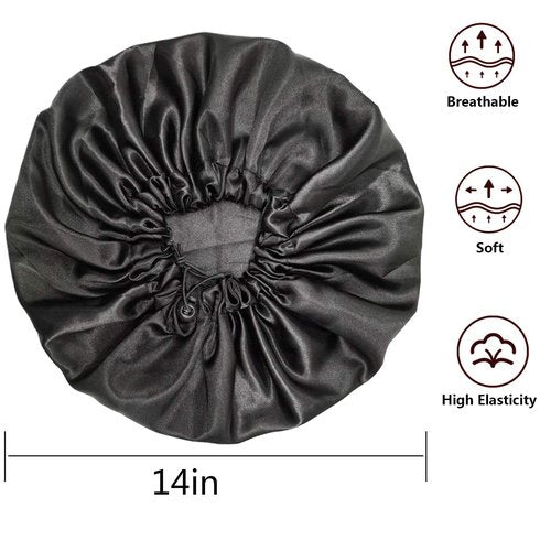 Satin Bonnets, Adjustable Satin Bonnets for Women, Double Layer Large Sleeping Silk Bonnet, Soft Sleep Bonnet for Women Girls Curly Natural Hair Night Sleep Cap(Black)